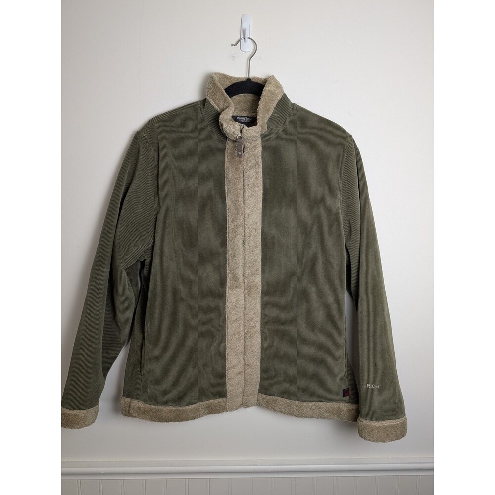 Woolrich Womens Jacket Large Green Corduroy Beige Trim Full Zip Pockets Warm